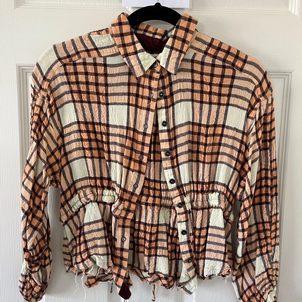 We The Free Cream and Tan Plaid Button-Down Shirt - Picture 2 of 4